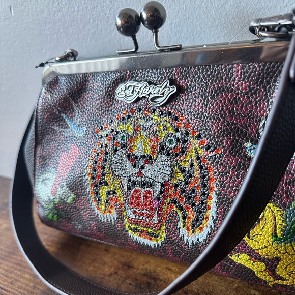 Ed Hardy Bag with Rhinestone Tiger, Skull & Bird Design Kiss Lock Purse NWT - Picture 2 of 8